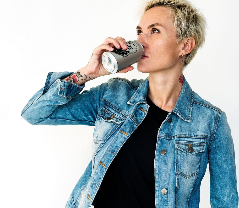 Adult Woman Drinking Beer From Can