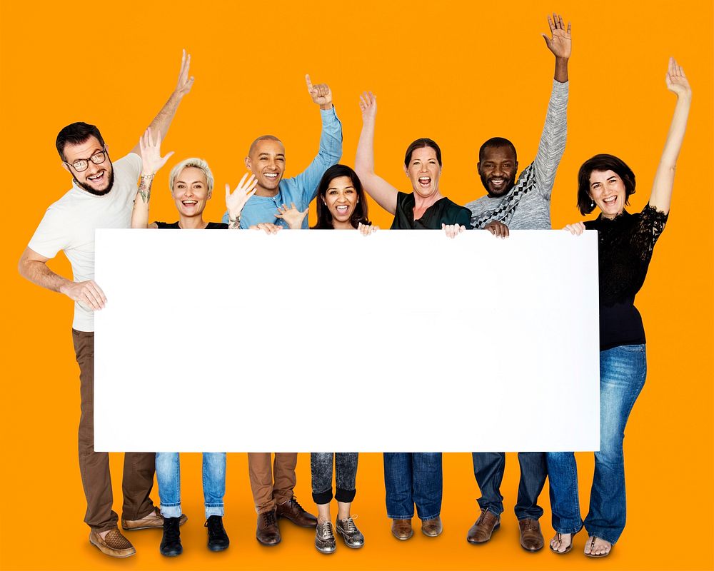 Happiness group of people arms raised and holding blank banner
