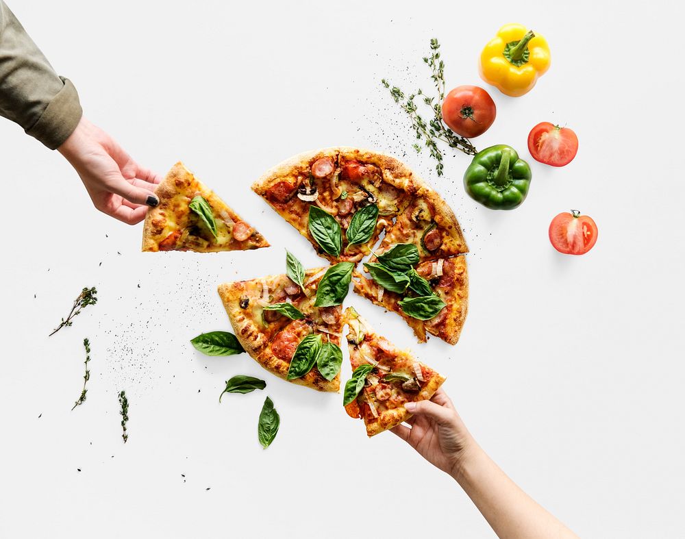 Hands taking slices of italian cuisine pizza