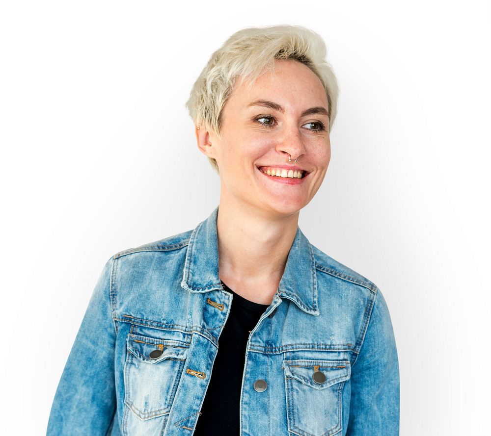 Shorthaired blond woman in a jeans jacket