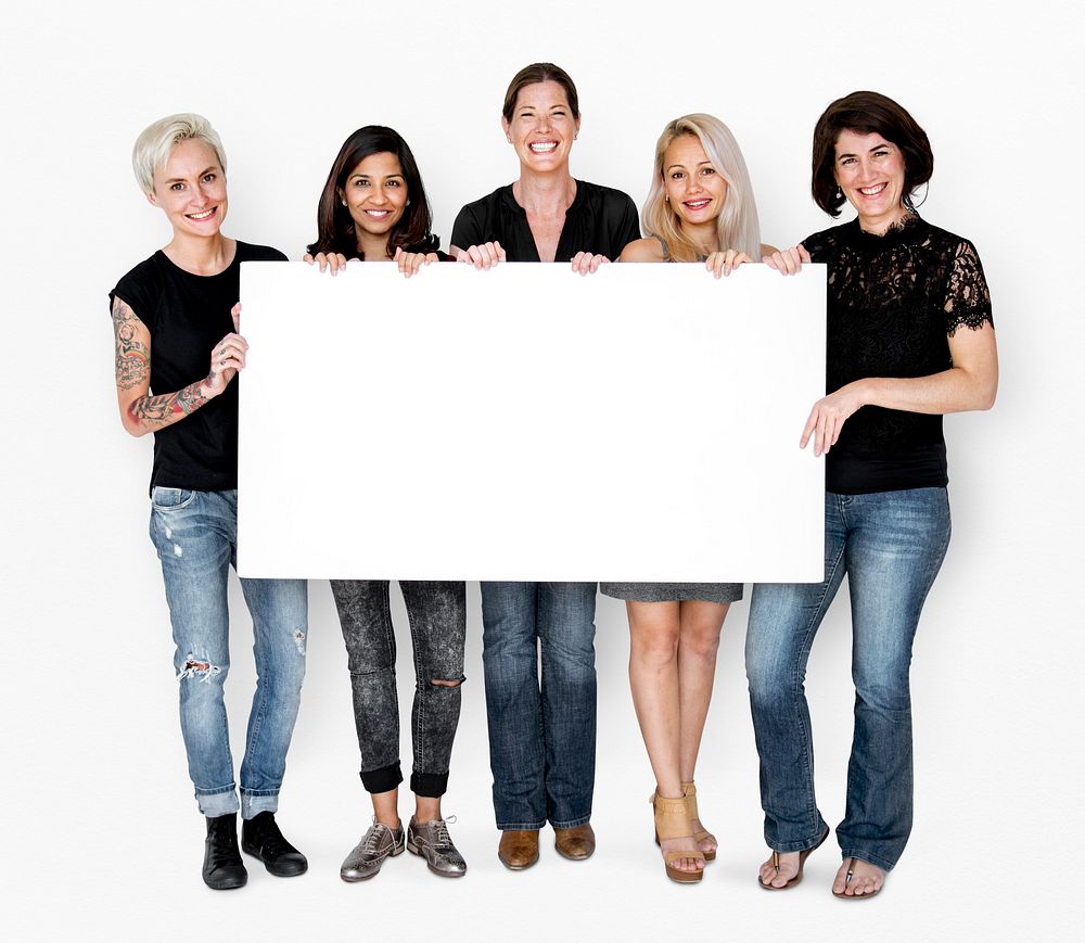 Happiness group of women holding blank banner