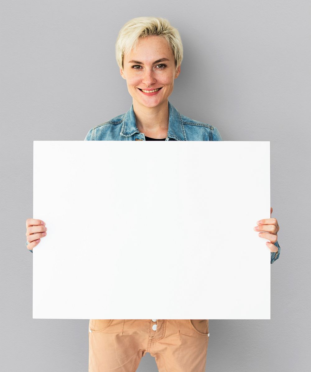 Adult Woman Hands Hold Blank Paper Board Copy Space