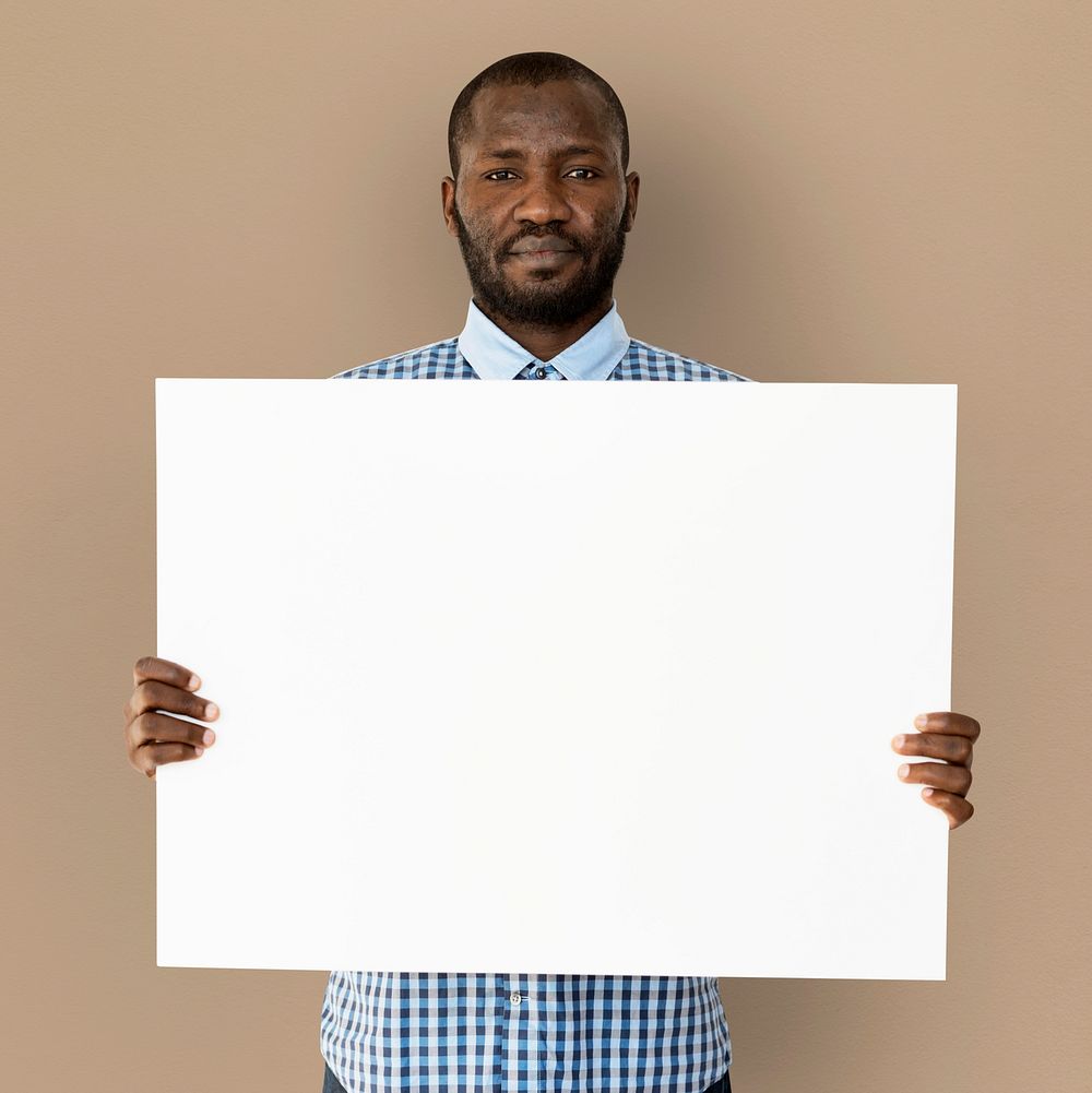 Adult Man Hands Hold Blank Paper Board Copy Space