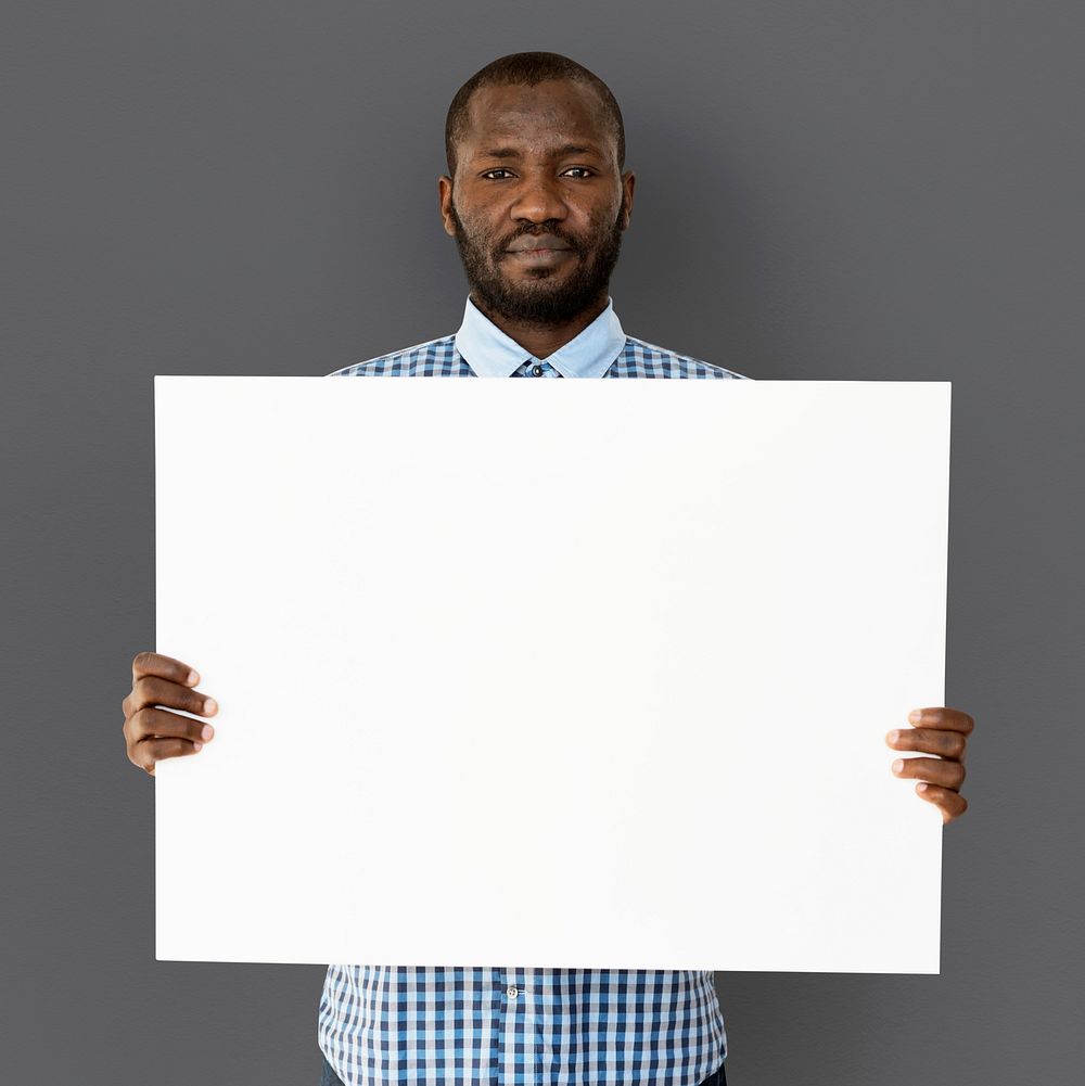 Adult Man Hands Hold Blank Paper Board Copy Space