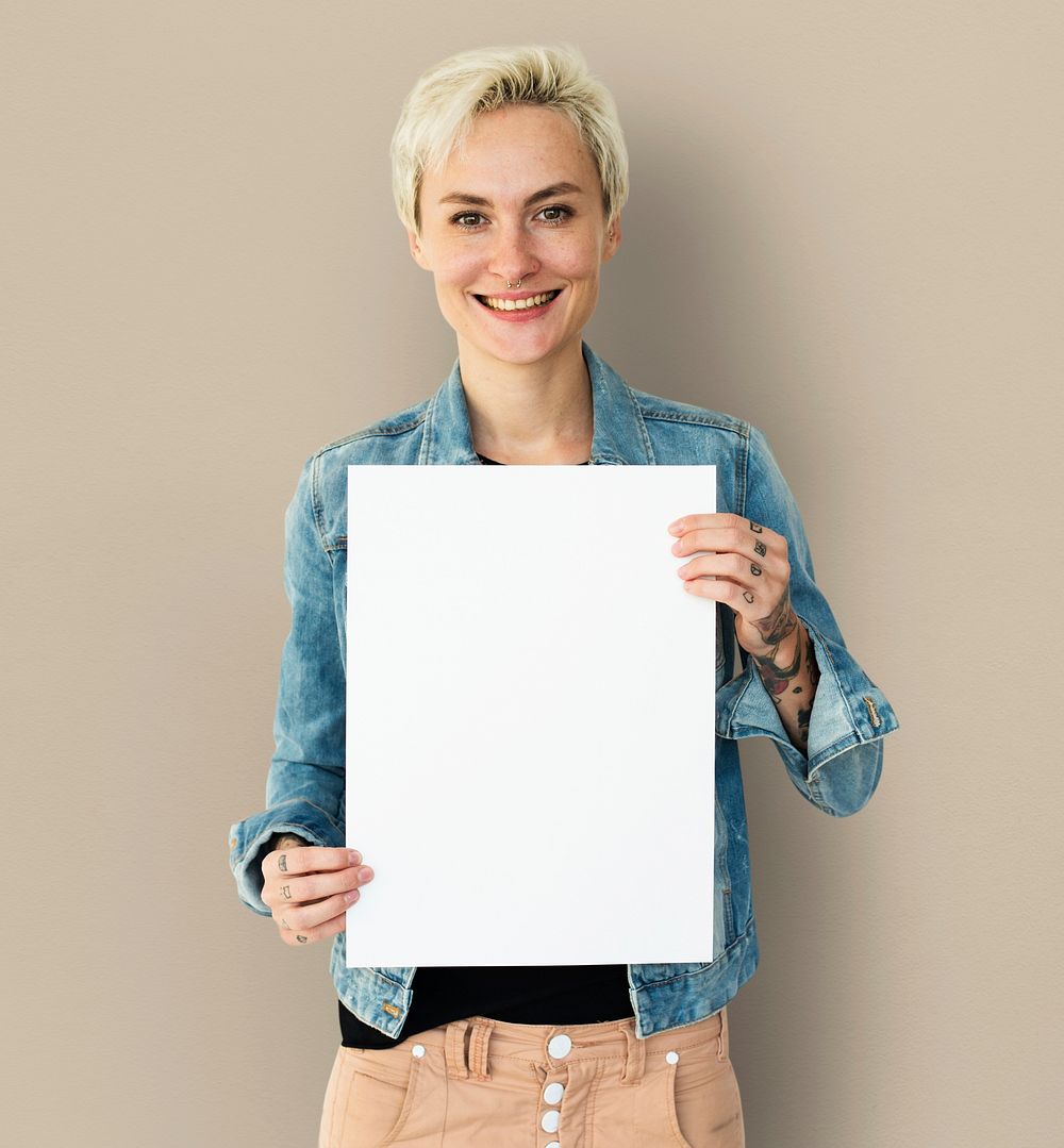 Adult Woman Hands Hold Blank Paper Board Copy Space