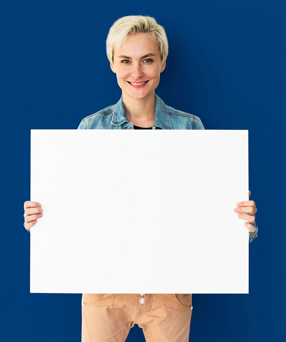 Adult Woman Hands Hold Blank Paper Board Copy Space