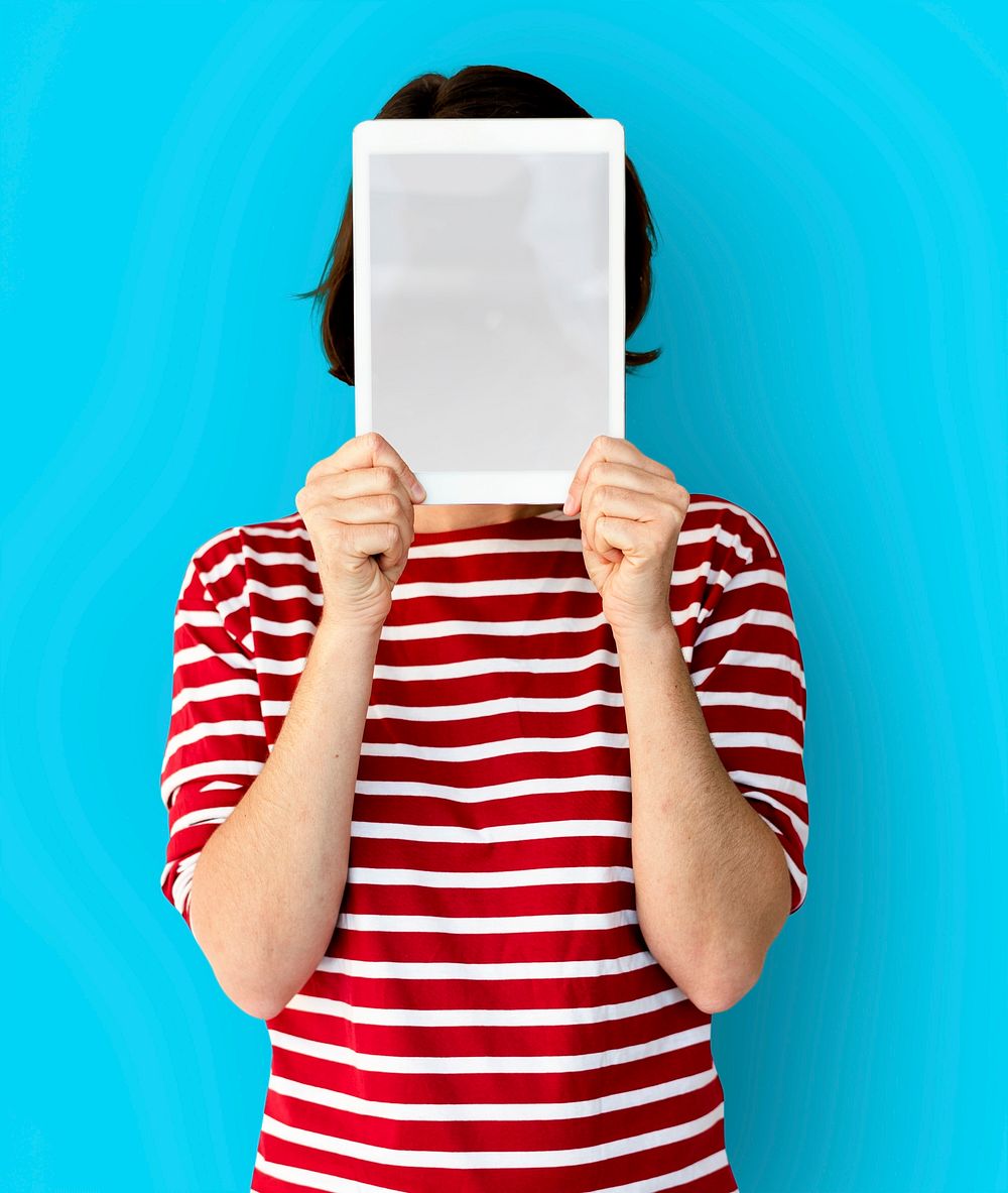 Adult Woman Face Covered with Blank Tablet