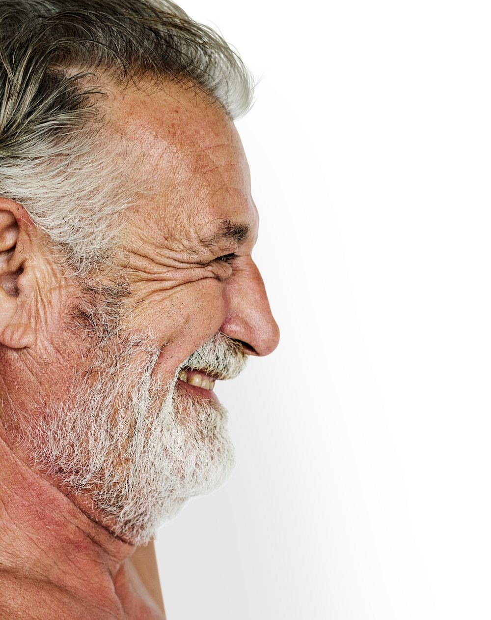 Senior adult man mustache smiling bare chest studio portrait