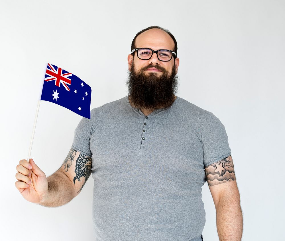 Adult Man Hand Hold Austraila Nation Flag Studio Portrait