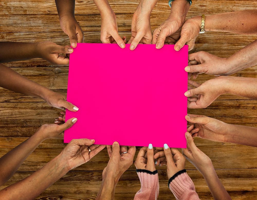 Diversity Women Hands Holding Blank Board Paper Together