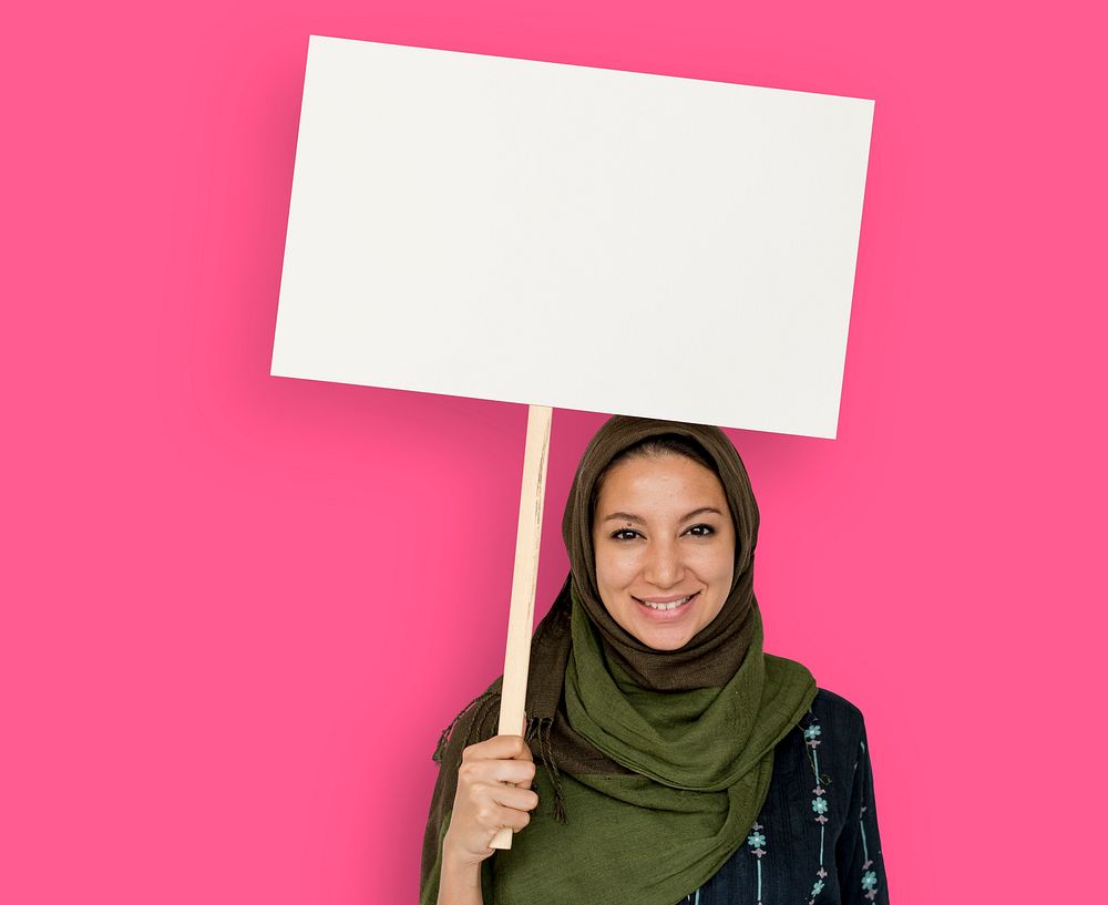 Arabian Woman Face Covered with Hijab Holding Board Sign Studio Portrait