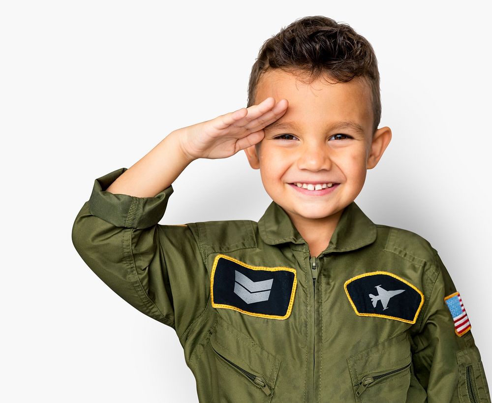 Young cheerful boy in pilot costume