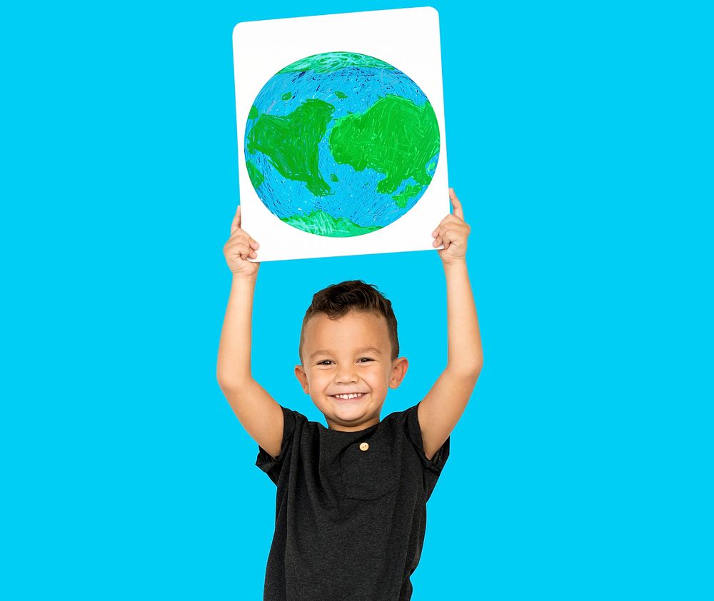 Little Boy Holding Global Paper Board Studio Portrait