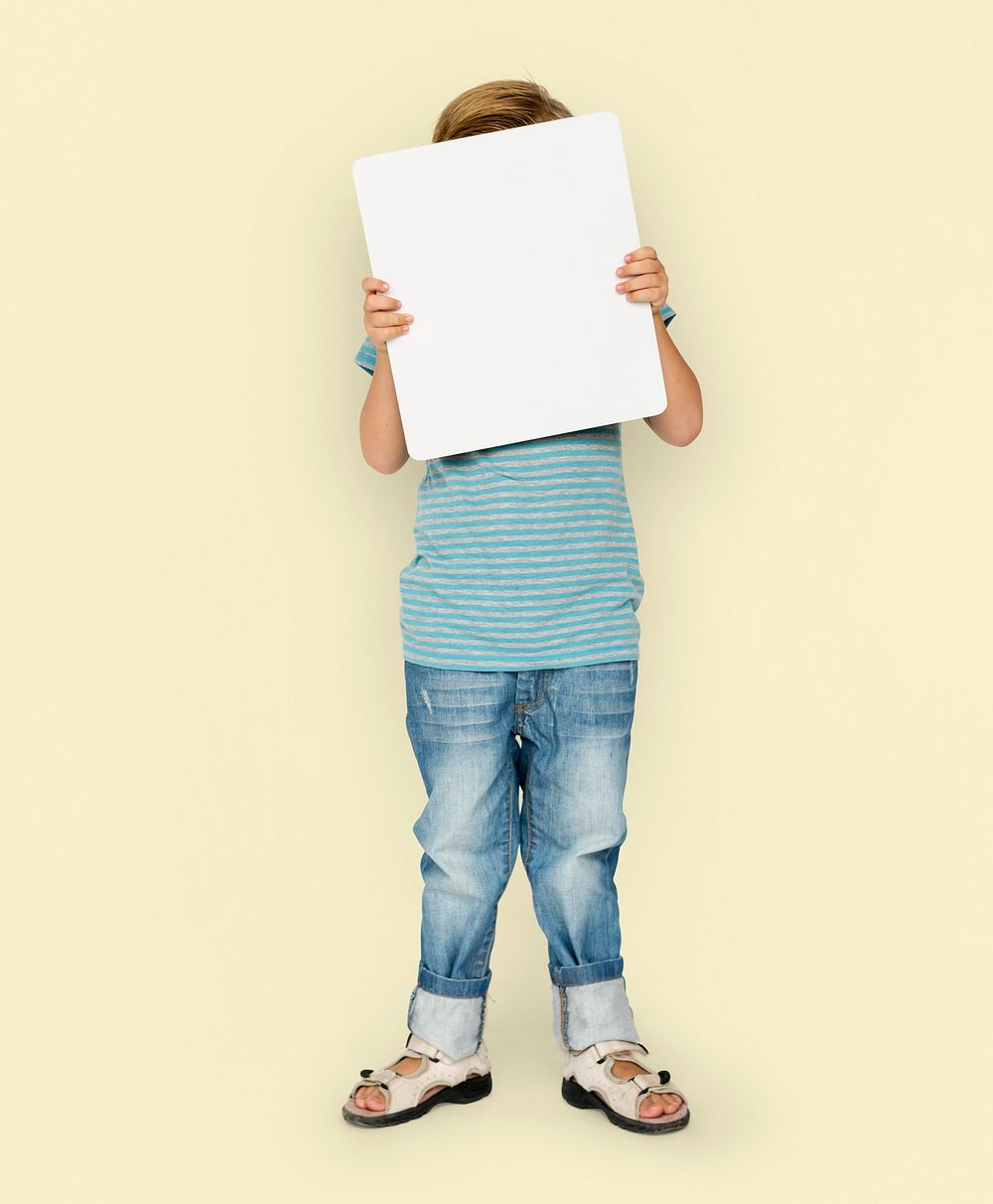 Little Boy Holding Blank Paper Board Studio Portrait