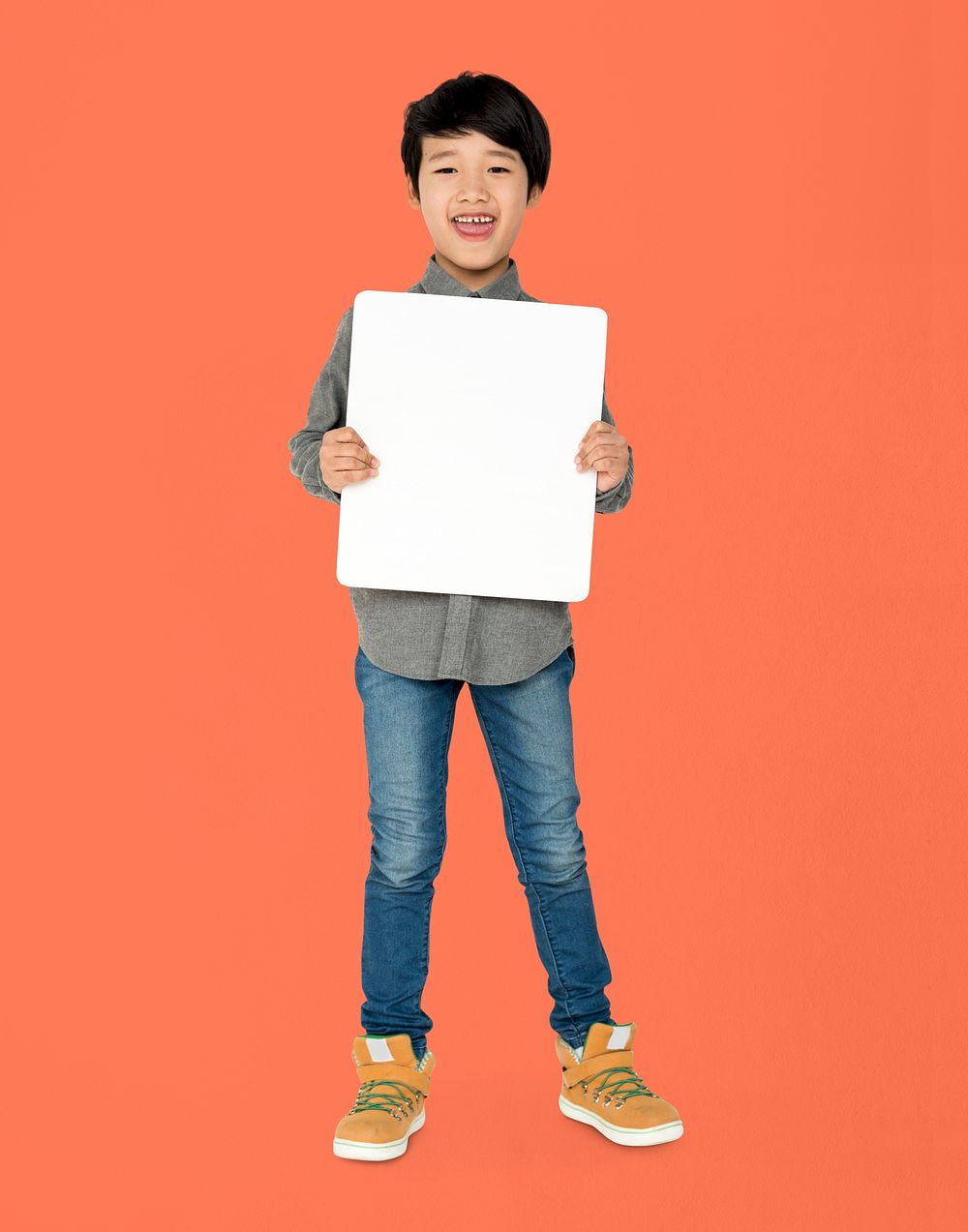 Little Boy Holding Blank Paper Board Studio Portrait