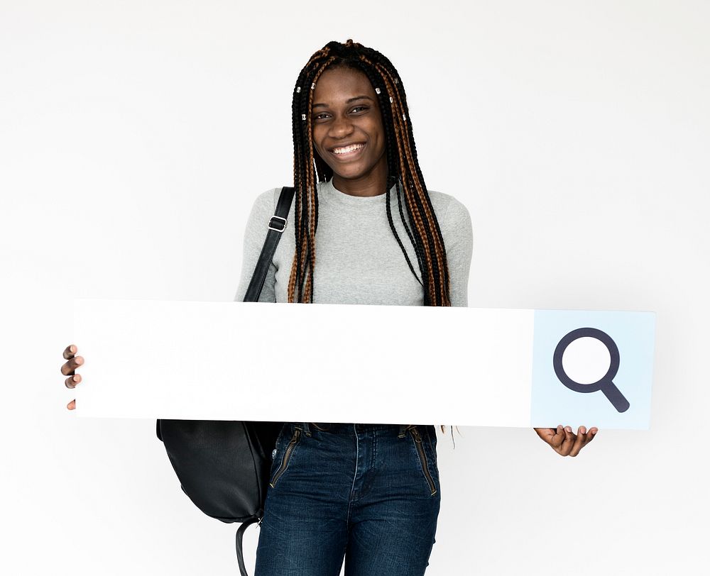 African woman holding papercraft of search bar