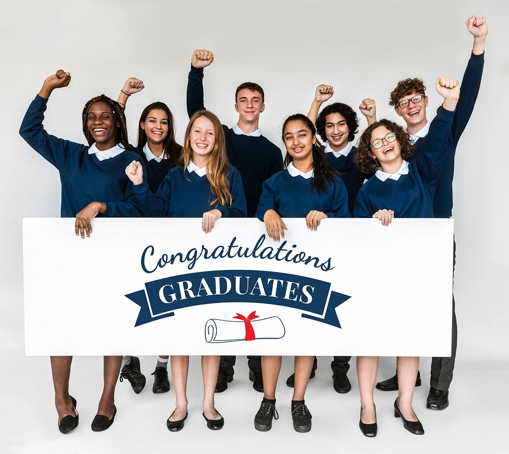 Group of students holding congratulations board banner