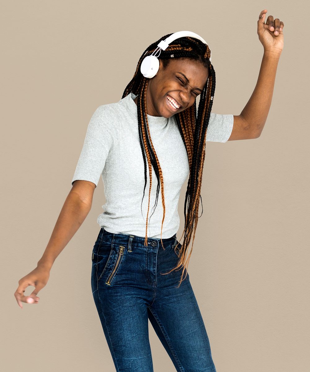 African descent girl is listening to music