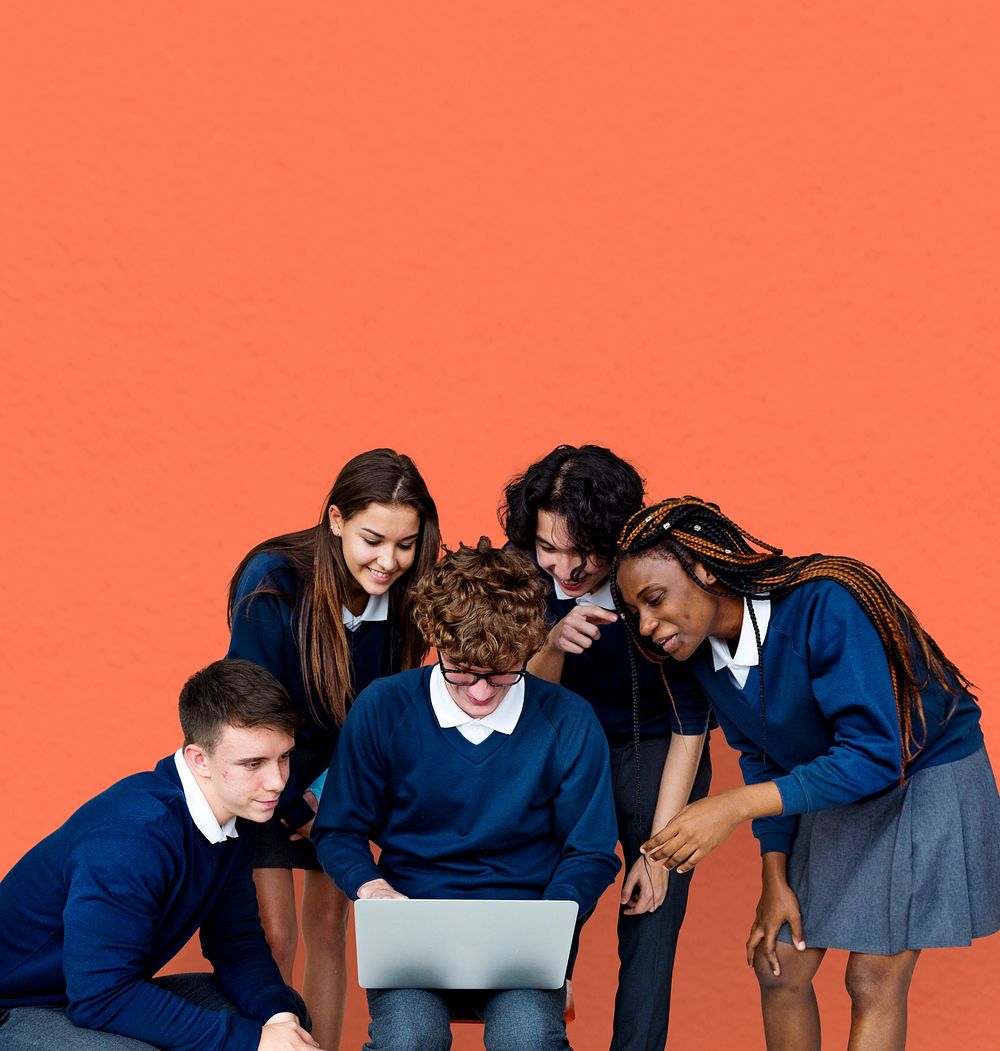 Group of Diverse Students Using Laptop Studio Portrait