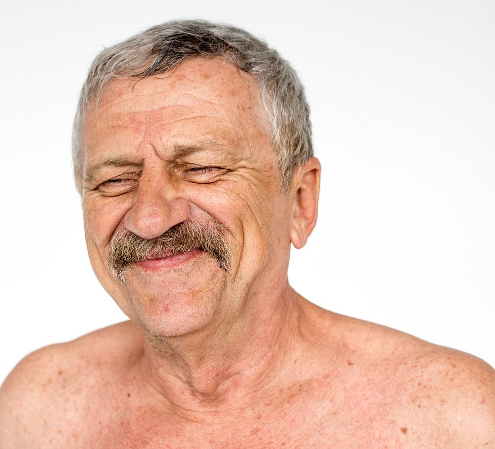 Senior adult man bare chest naked studio portrait