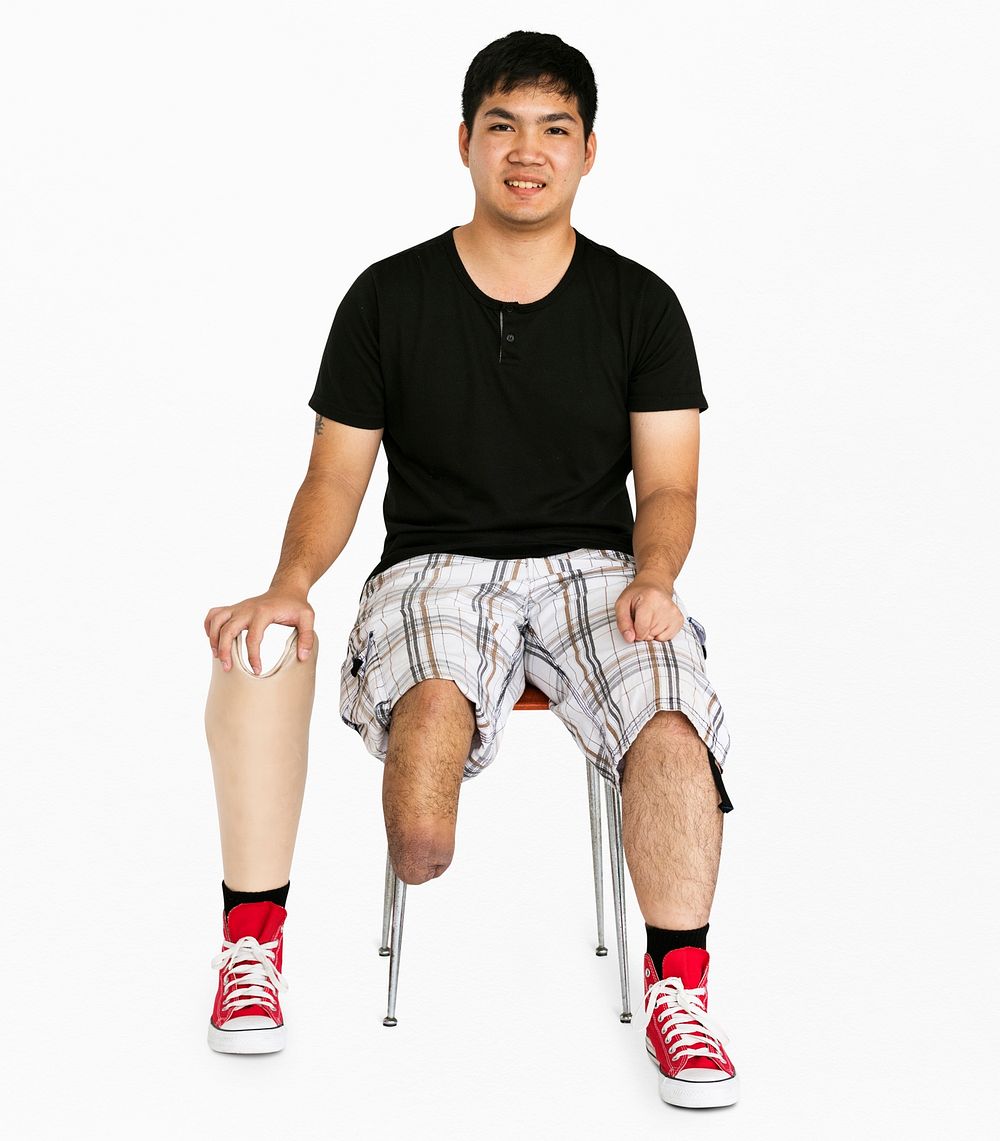 Disability Young Man with Prosthesis Leg Studio Portrait