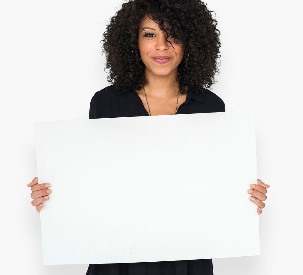 Woman holding empty board for communication advertising