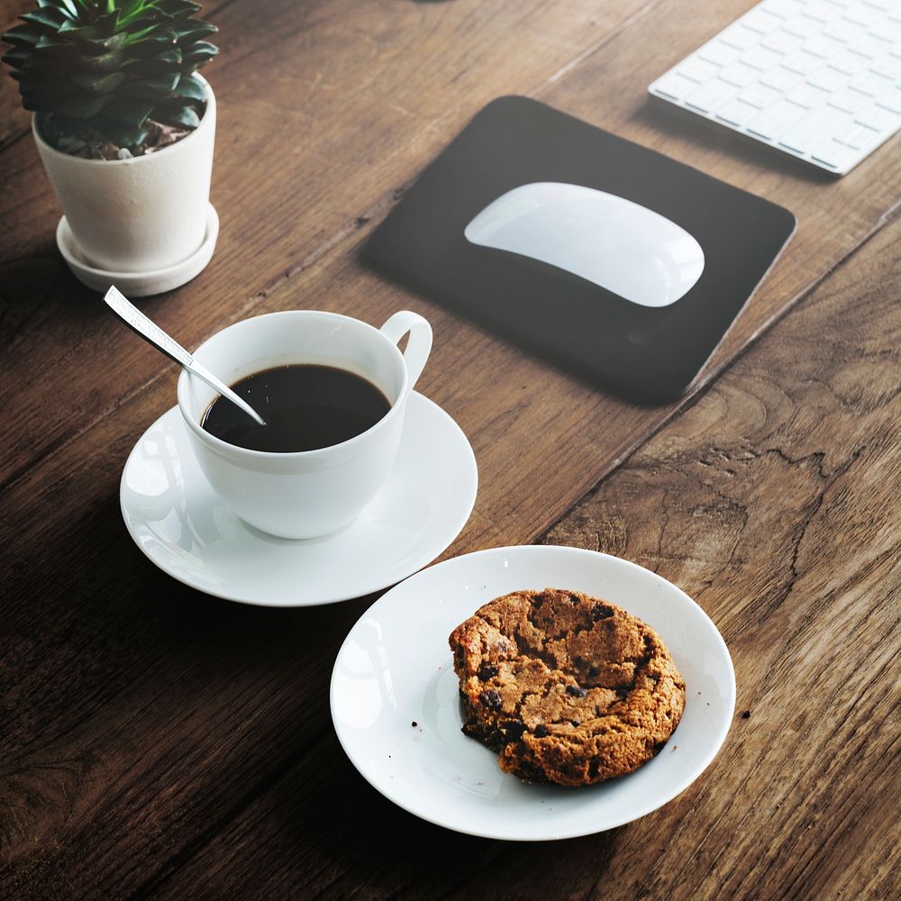 Coffee Cookie Plant Wooden Start Up Breakfast Concept