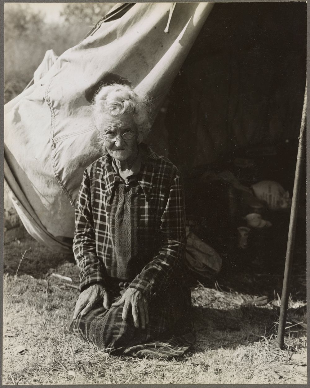 Bakersfield, Calif. (vicinity). Grandmother of 22 children, from a farm in Oklahoma, 80 years old, now living in a camp "If…