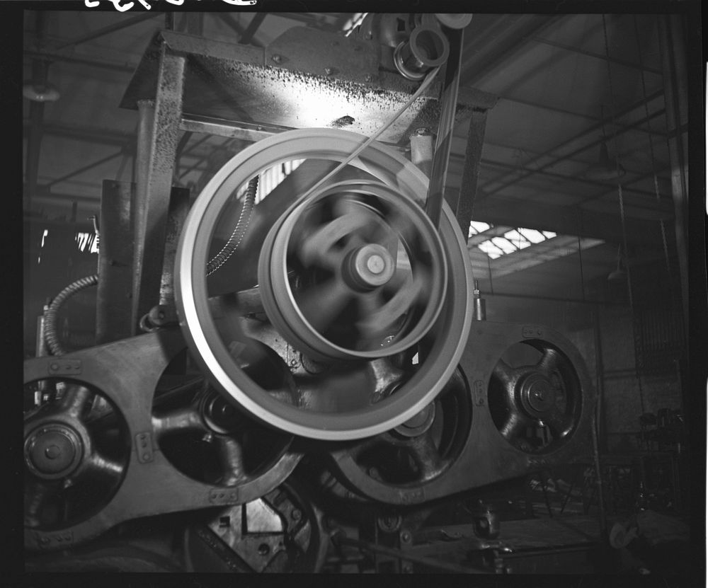 Wheels and belts for turning metal strip cutter. Gichner Iron Works, Washington, D.C.. Sourced from the Library of Congress.