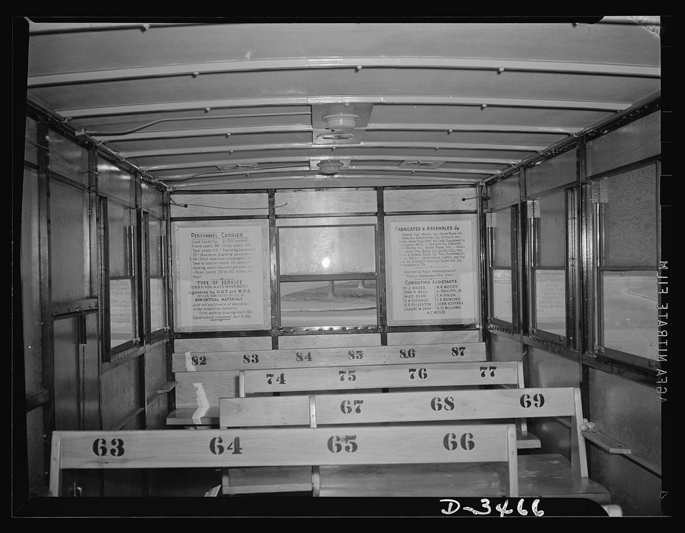 New oversize trailer for war workers. Interior of the new oversize bus trailer built almost entirely of non-critical…