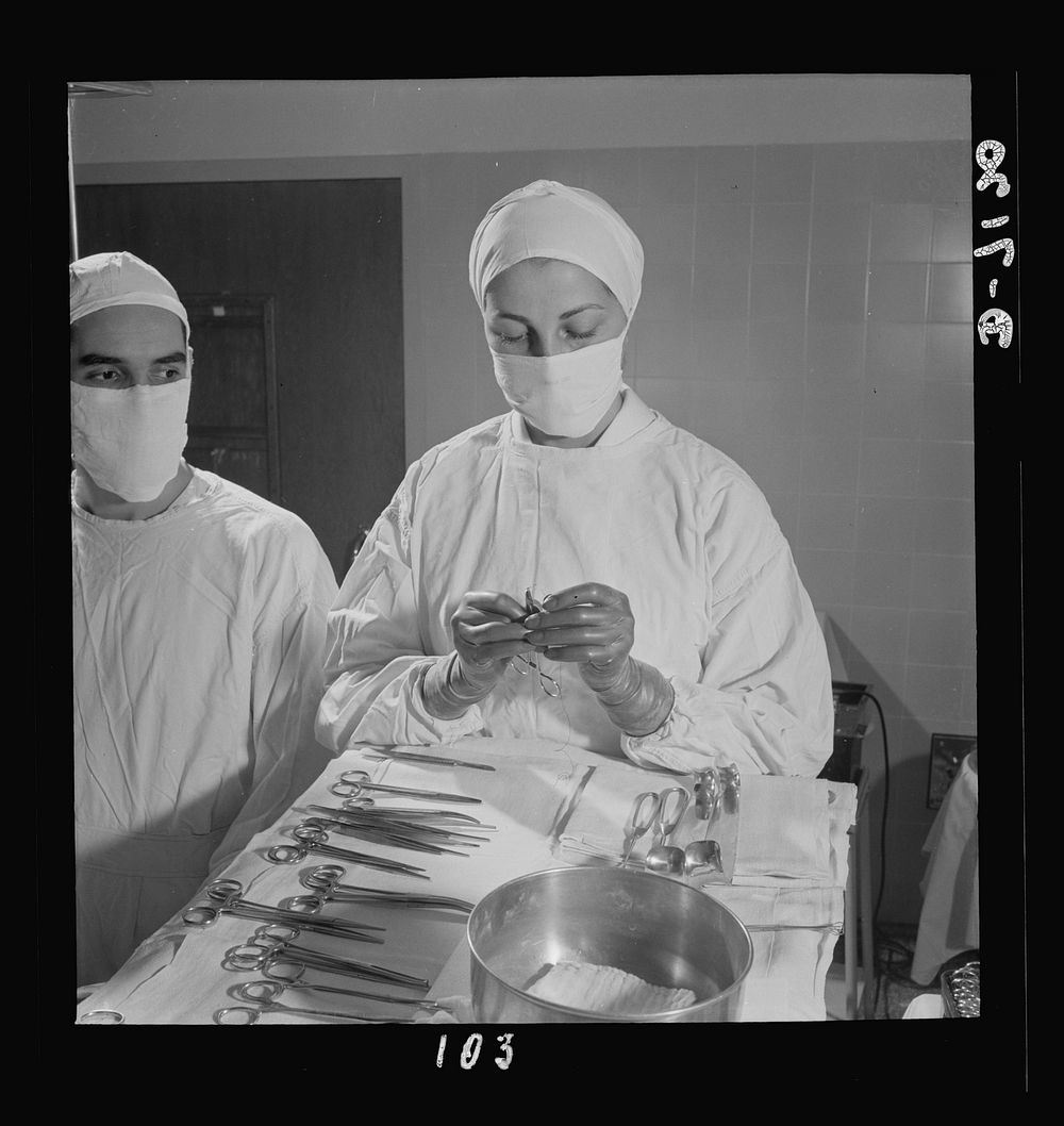 Nurse training. Calm and dependable in emergency situations, a student nurse threads a suture in a needle, first step in…