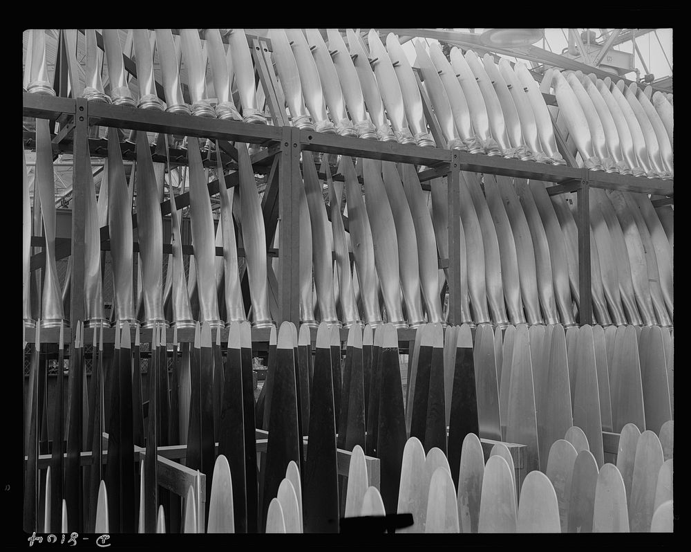Production. Airplane propellers. Finished propeller blades ready for assembly at a Hartford, Connecticut, plant. These…
