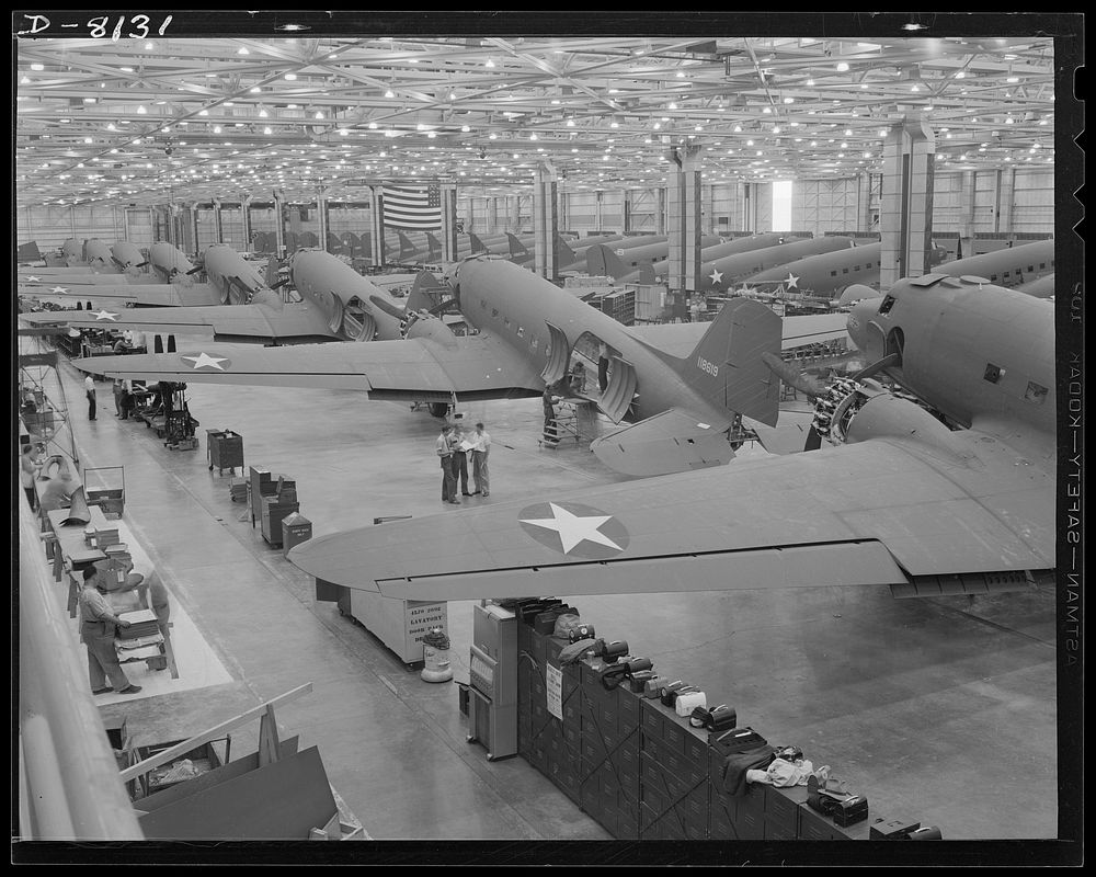 Production. C-47 transport planes. Great numbers of C-47 transport planes move along the assembly lines at the Douglas…