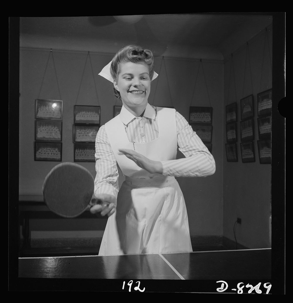 Nurse training. At the ping pong table in the game room, Susan Petty, student nurse, enjoys a bit of relaxation after a busy…