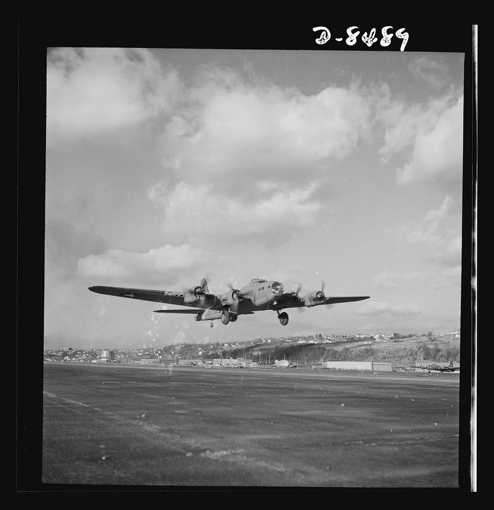 Production. B-17 heavy bomber. Another mighty B-17F (Flying Fortress) bomber sets out on a test flight from the airfield of…