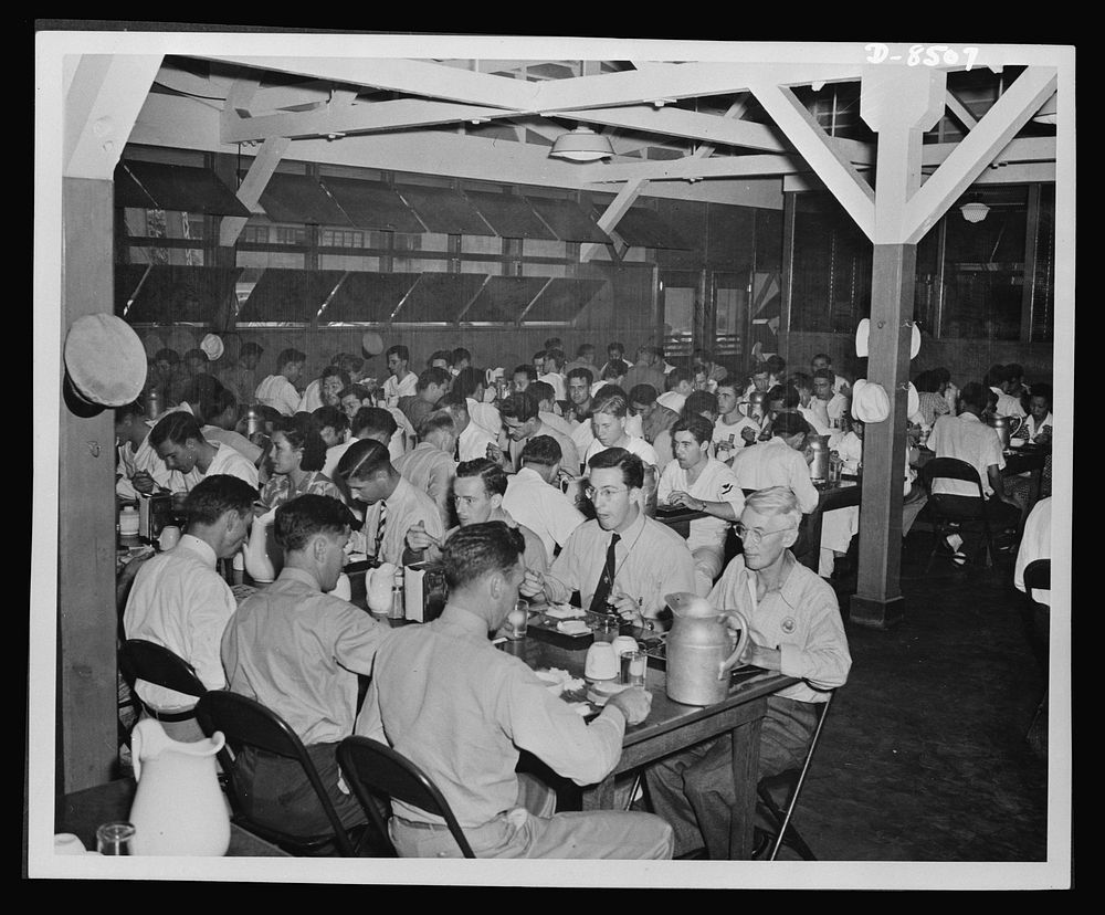 View showing part of one of the three large cafeterias in the yard to accomodate the numerous civil service workers. Sourced…