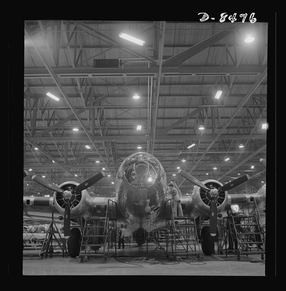 Production. B-17 heavy bomber. A nearly complete B-17F (Flying Fortress) bomber at the Boeing's production line in the…