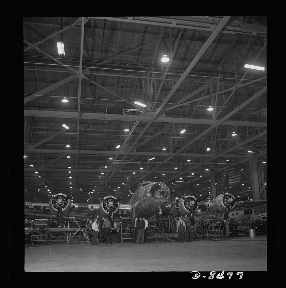 Production. B-17 heavy bomber. A nearly complete B-17F (Flying Fortress) bomber at the Boeing's production line in the…