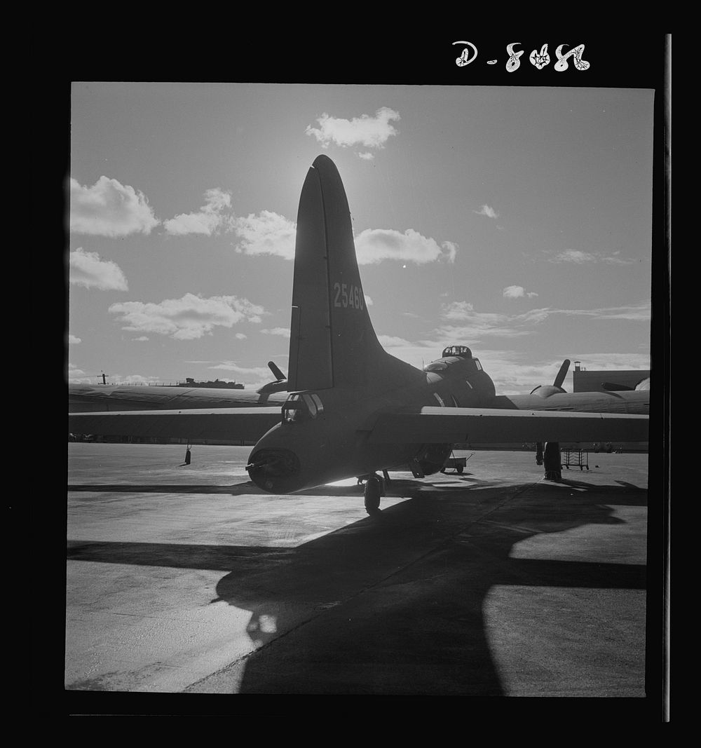 Production. B-17 heavy bomber. Tail view of a new B-17F (Flying Fortress) bomber ready for flight tests at the airfield of…