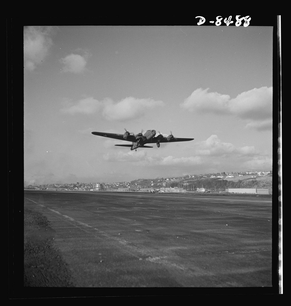 Production. B-17 heavy bomber. Another mighty B-17F (Flying Fortress) bomber sets out on a test flight from the airfield of…