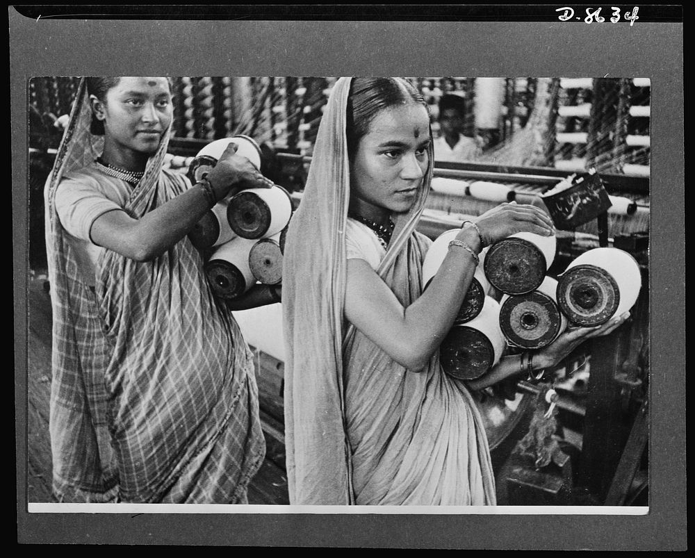 India in the war. Girl workers in a booming Bombay textile mill. Thirty-five percent of India's great cotton textiles…