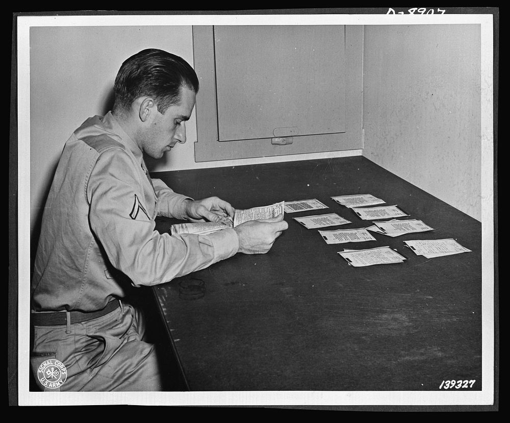 V-mail. Finished V-mail letters are sorted and prepared for forwarding to addressees at the Pentagon building, Washington…