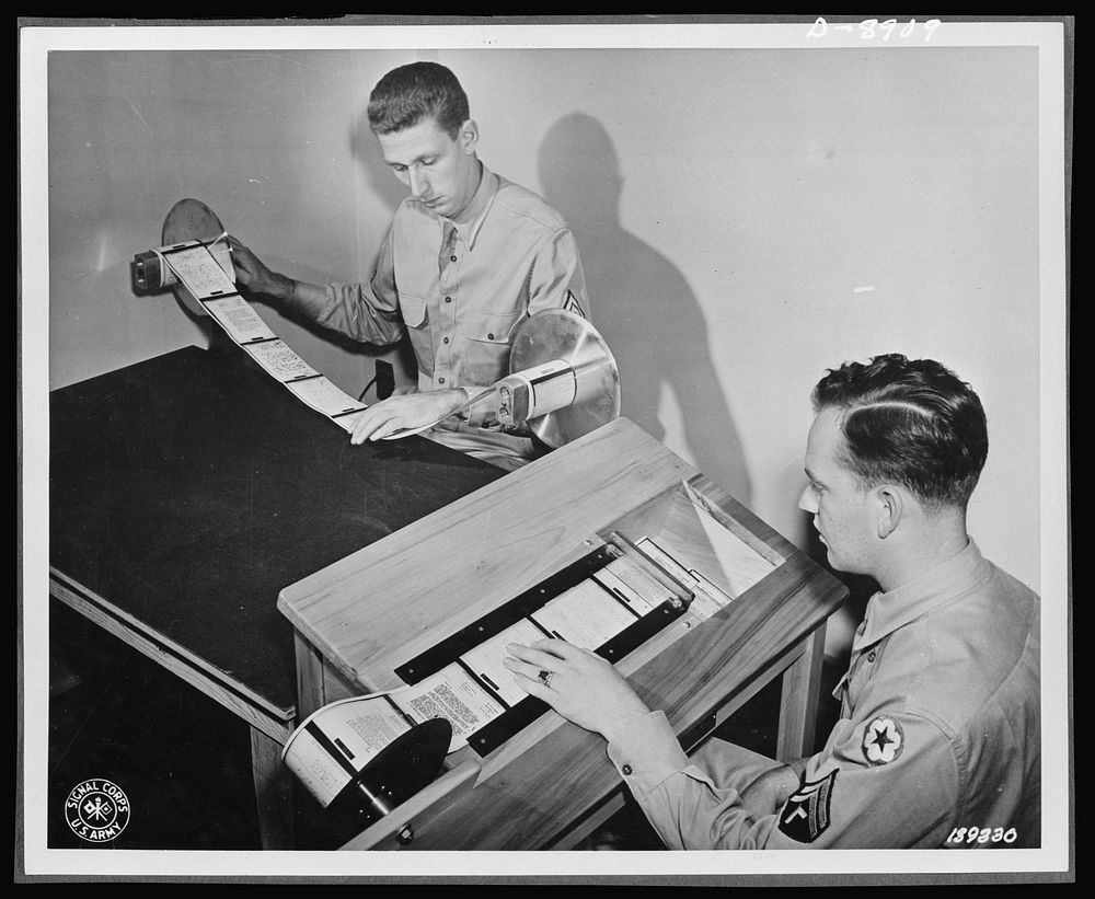V-mail. Paper reproduction for V-mail microfilm are inspected and then cut into individual letters by the "chopper" at the…