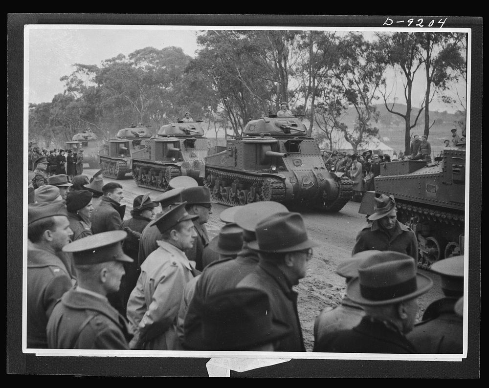 Australia in the war. An Australian armored division, employing American tanks passes in review before its commander-in…