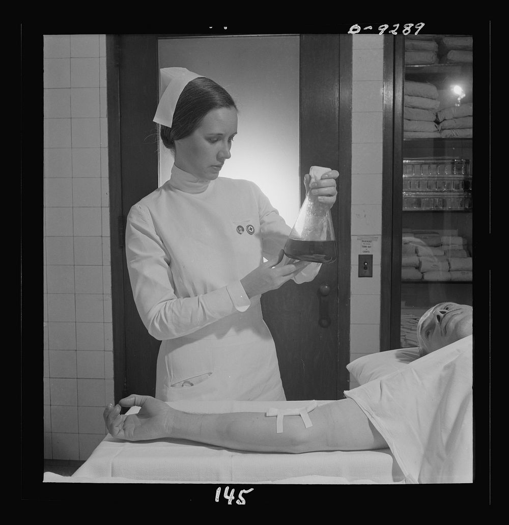 Nurse training. Immediately following a blood transfusion the nurse must whirl the container to prevent coagulation. Sourced…