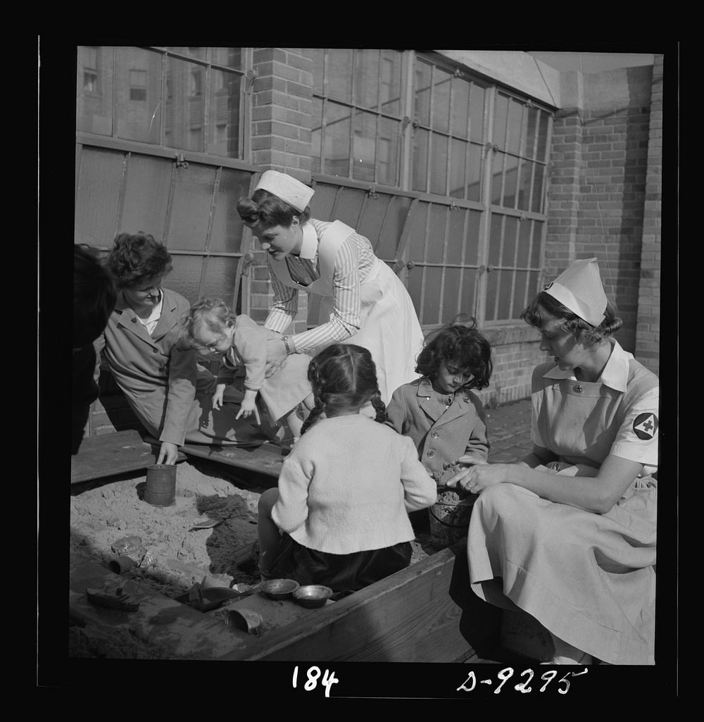 Nurse training. On the sun roof of Babies Hospital in New York a student nurse supervises convalescing youngsters in…