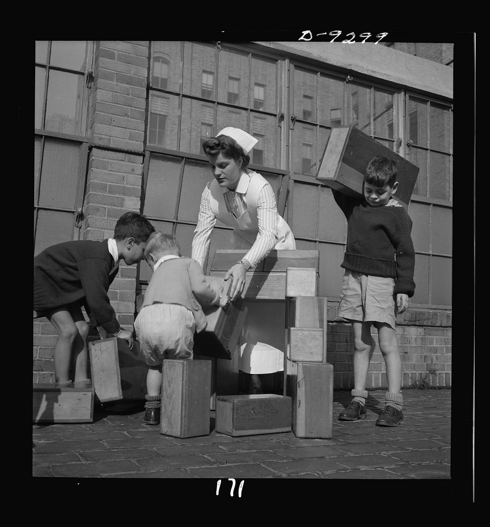 Nurse training. On the sun roof of Babies Hospital in New York City a student nurse supervises convalescing youngsters in…