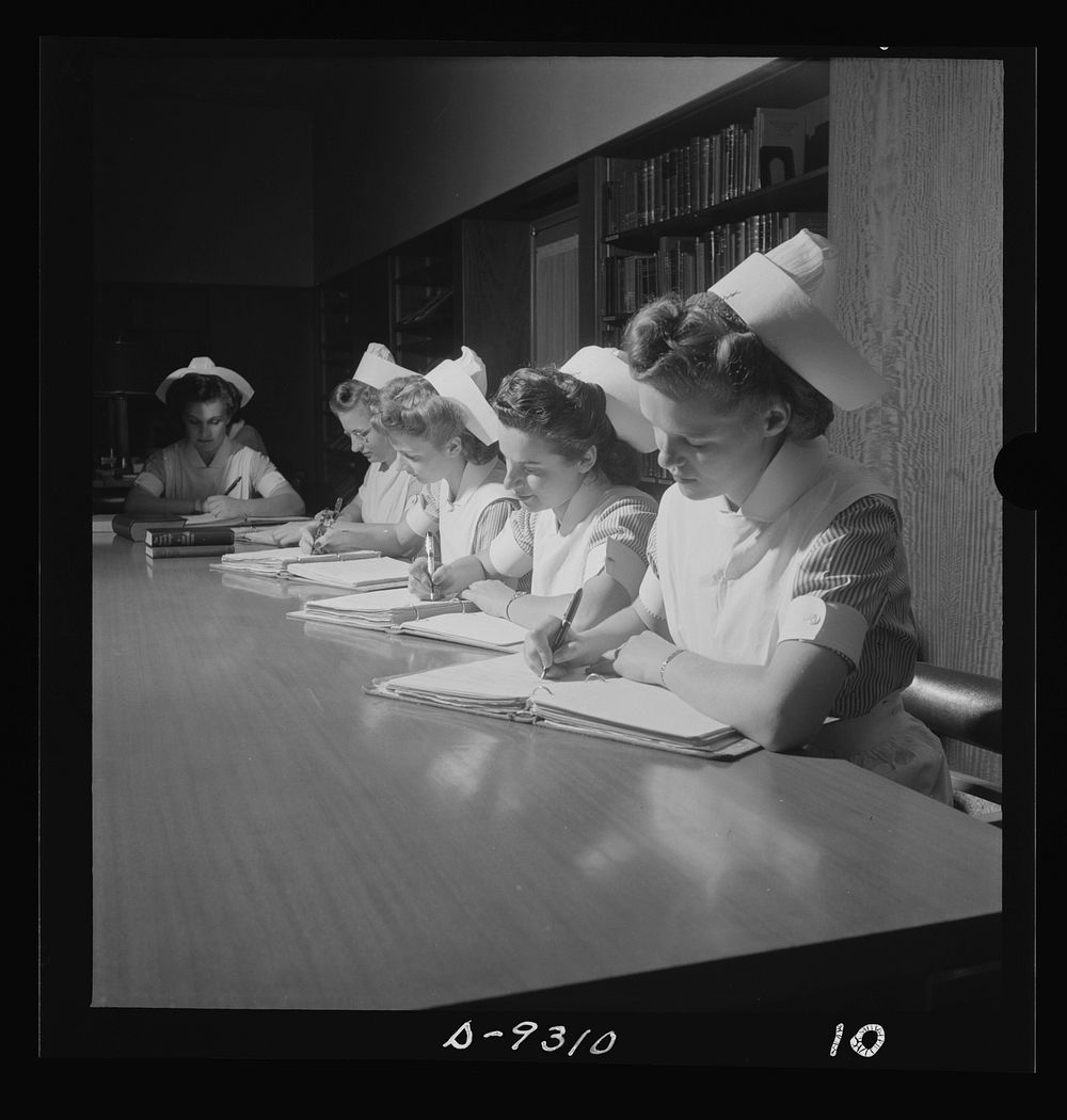 Nurse training. Study hall where student nurses prepare their daily assignments. Sourced from the Library of Congress.