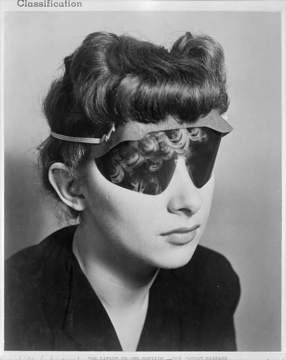 The latest in eye shields--for desert warfare. A shortage of non-inflammable celluloid has prompted the Union of South…
