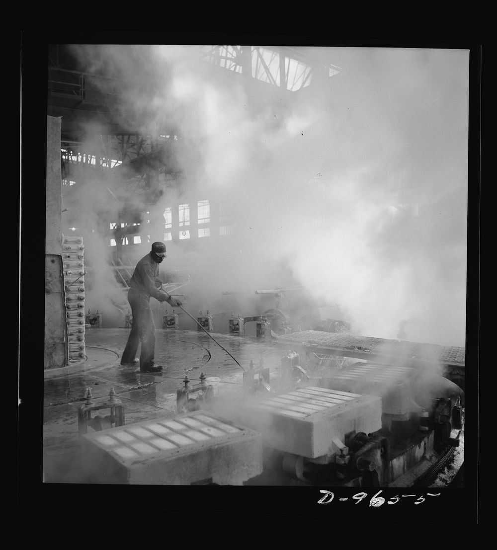 Production. Copper (refining). Casting house in a large copper refining operation. Here sheets of pure copper, formed by…